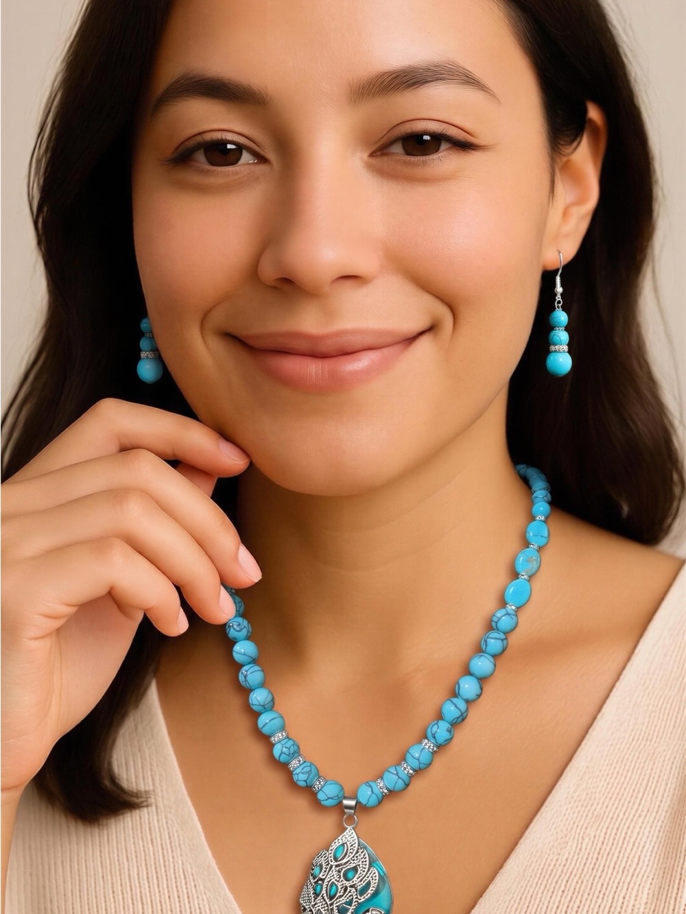 Turquoise Bead Pendant Necklace - Women Jewelry set